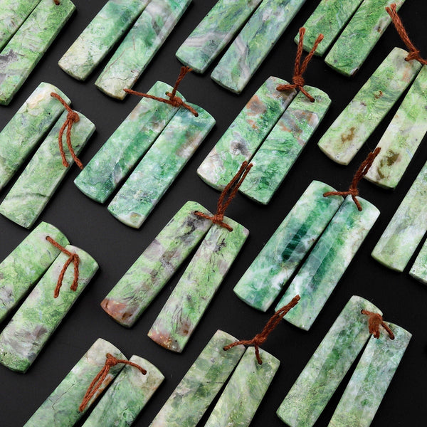 Natural African Green Chrysoprase Rectangle Earring Pair Drilled Matched Gemstone Beads