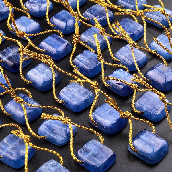 Natural Blue Kyanite Square Cushion Pendant Center Drilled Gemstone Focal Bead
