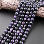 Natural Purple Charoite W Black Aegirine 12mm 13mm 15mm Round Beads 15.5" Strand