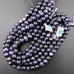 Natural Purple Charoite W Black Aegirine 12mm 13mm 15mm Round Beads 15.5" Strand