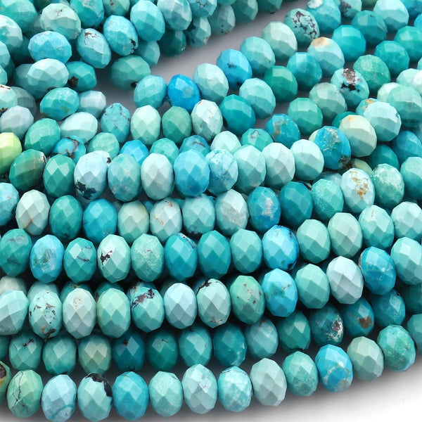AAA Genuine Natural Turquoise 6mm Faceted Rondelle Beads Blue Green Turquoise Micro Diamond Cut 15.5" Strand