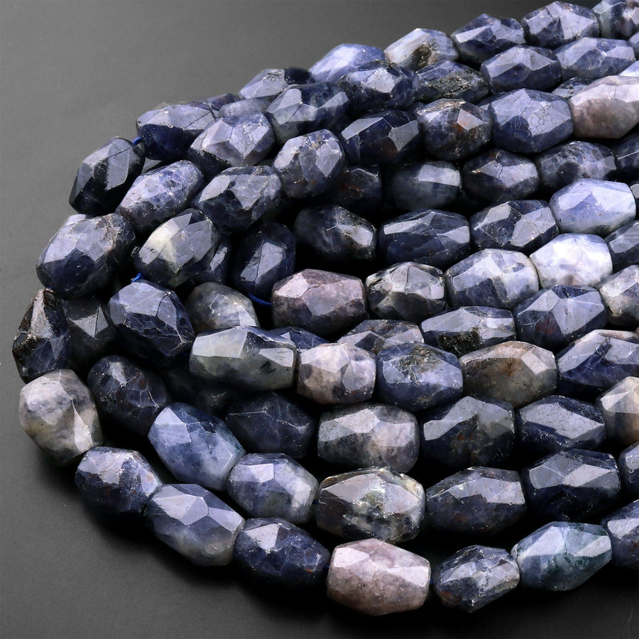 Natural Iolite Faceted Drum Nugget Beads Real Purple Blue Gemstone 15.5" Strand
