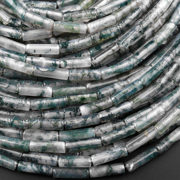 AAA Natural Green Moss Agate Thin Long Tube Beads 15.5" Strand