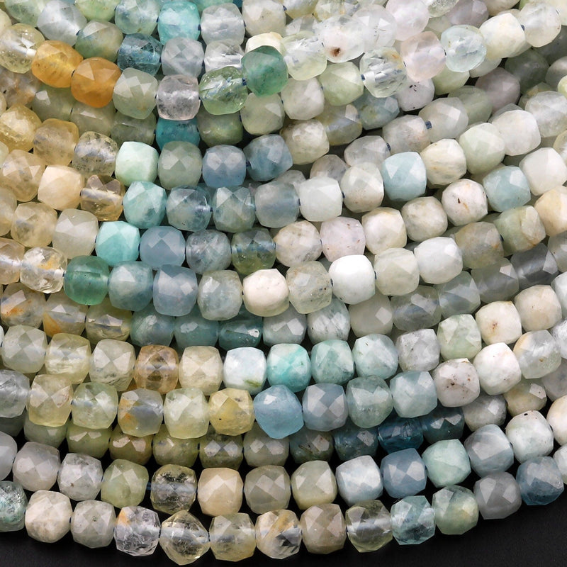 Natural Blue Yellow Green Aquamarine Faceted 5mm Cube Beads Micro Faceted Laser Diamond Cut 15.5" Strand