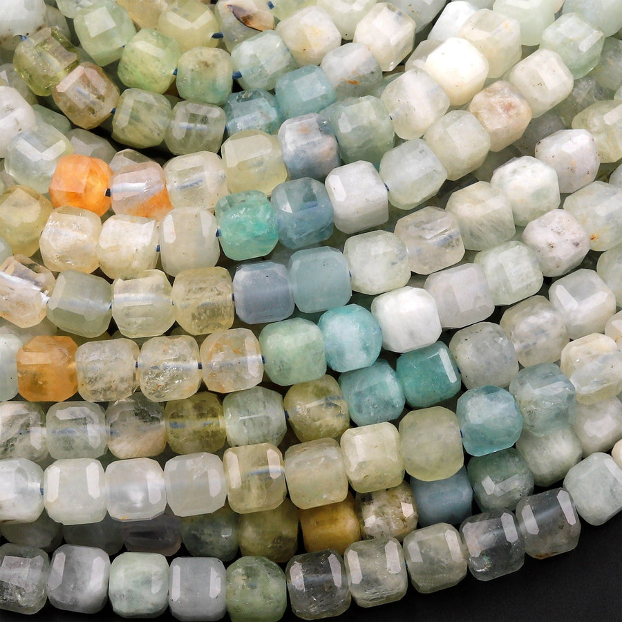 Translucent Natural Blue Yellow Green Aquamarine Faceted 6mm Cube Beads Micro Laser Diamond Cut Gemstone 15.5" Strand