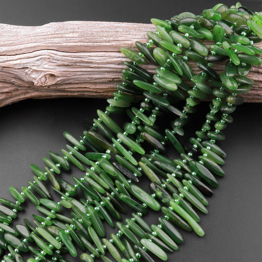 Natural Canadian Jade Freeform Long Spike Point Nugget Beads 15.5" Strand