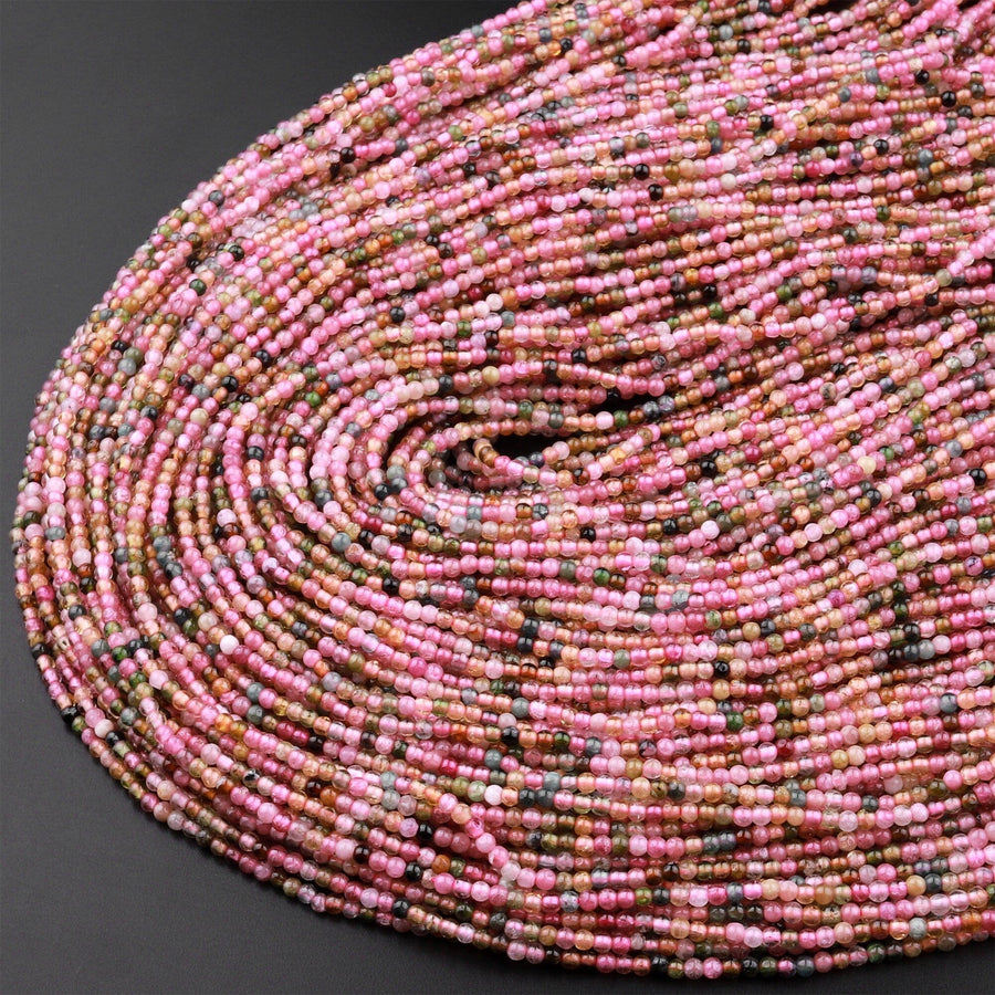 Natural Watermelon Pink Green Tourmaline 2mm Smooth Round Beads 15.5" Strand