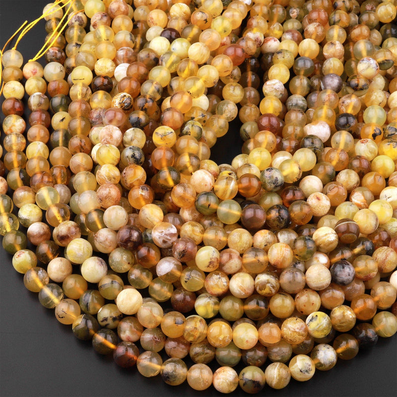 Natural African Yellow Dendritic Opal Beads 6mm 8mm 10mm 12mm 15.5" Strand
