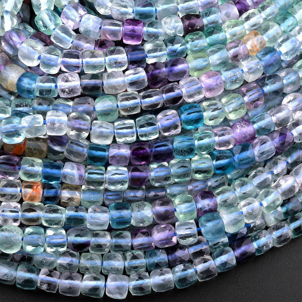 Natural Fluorite Faceted 4mm Cube Square Dice Beads Purple Blue Green Yellow Gemstone 15.5" Strand