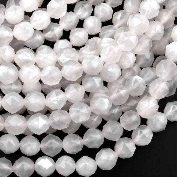 Natural Creamy White Moonstone 8mm Beads Star Cut Geometric Facets 15.5" Strand