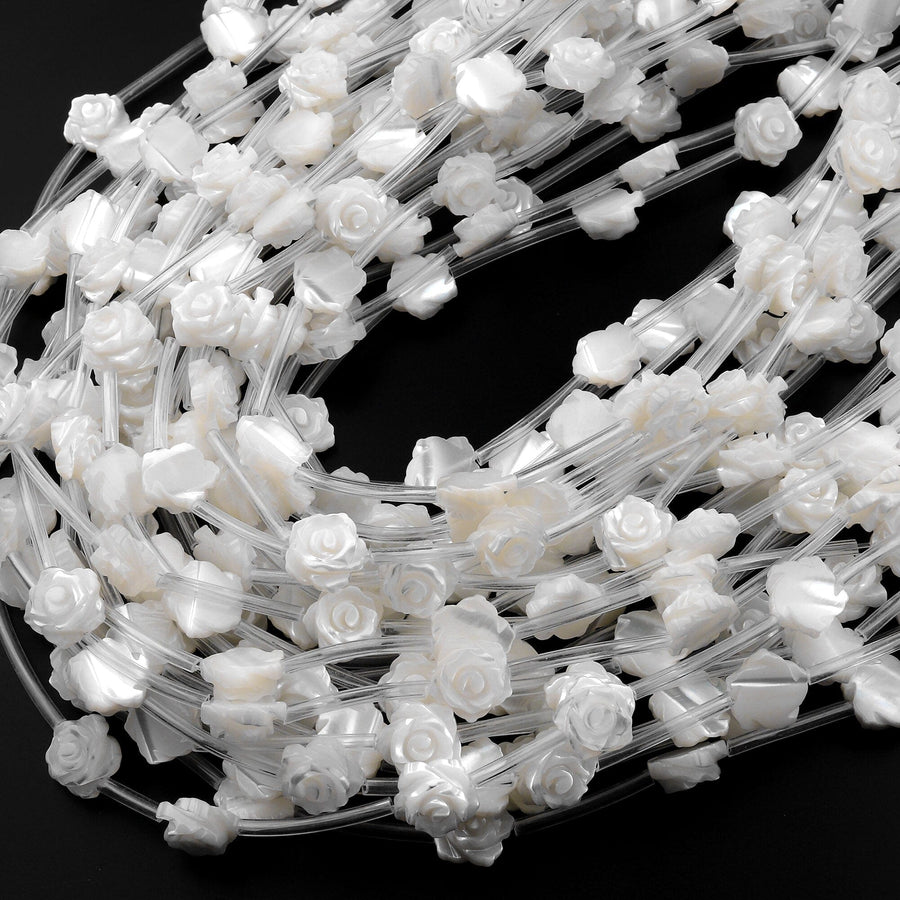 AAA Iridescent Hand Carved Natural White Mother of Pearl Shell Rose Flower Beads 8mm 10mm 12mm 15.5" Strand