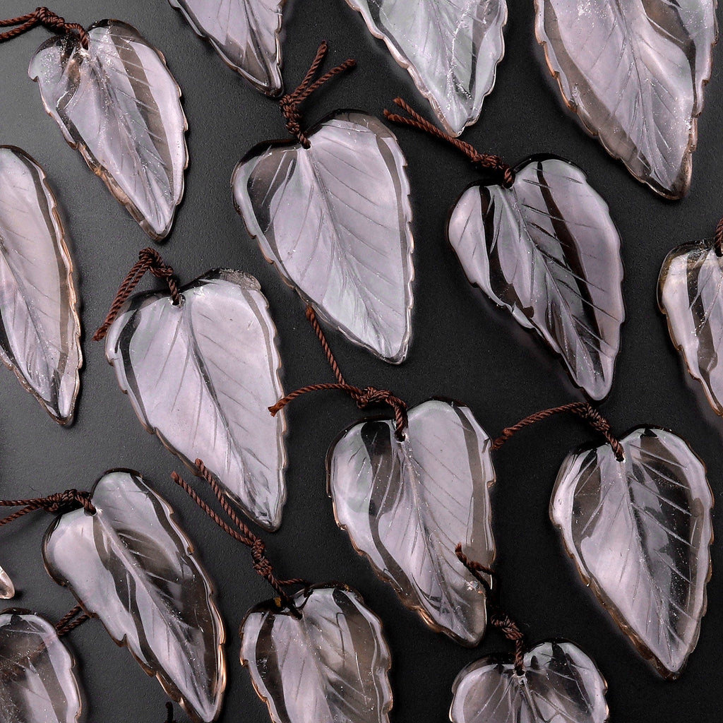 Hand Carved Natural Smoky Quartz Leaf Pendant Bead Drilled Gemstone