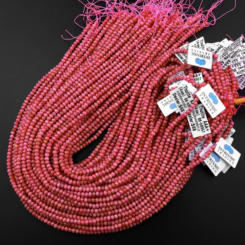 AAA Micro Faceted Natural Pink Red Thulite 4mm Rondelle Beads Diamond Cut Gemstone From Norway 15.5" Strand