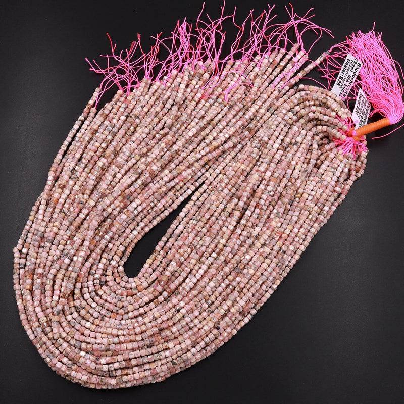 Natural Pink Rhodochrosite Faceted 3mm Cube Square Dice Beads 15.5" Strand
