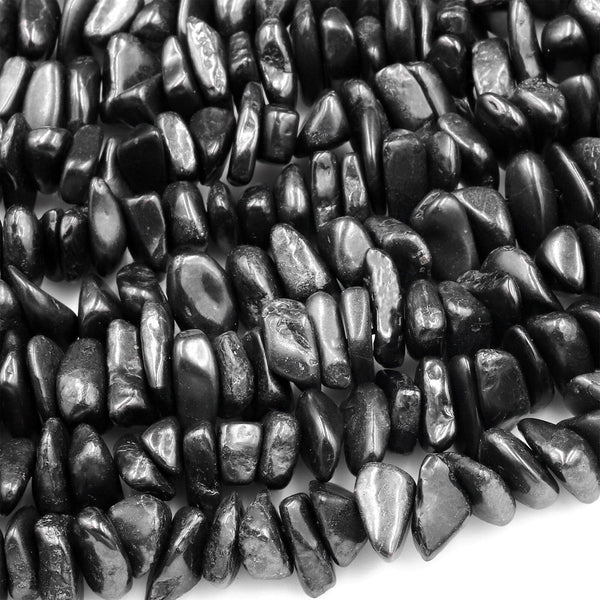 Genuine Natural Shungite Long Pebble Chip Nugget Beads High Quality Black Lustrous Gemstone from Russia 15.5" Strand