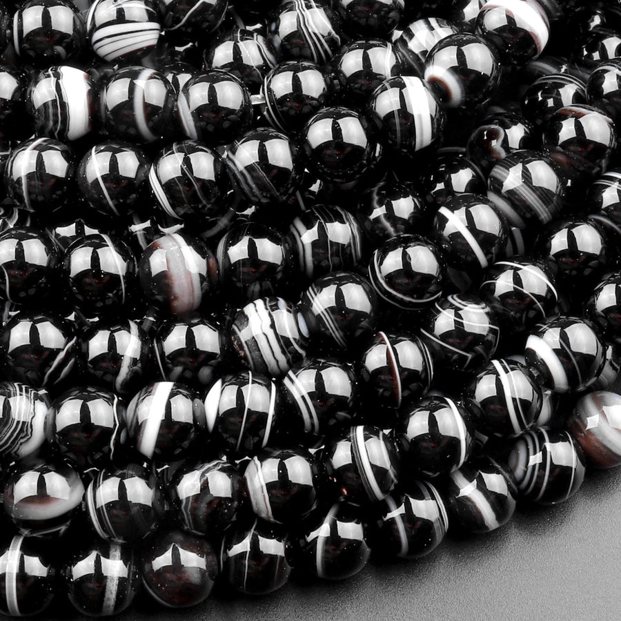 AAA Natural Tuxedo Agate Smooth Round Beads 6mm 8mm Black White Stripes  Beads 15.5" Strand