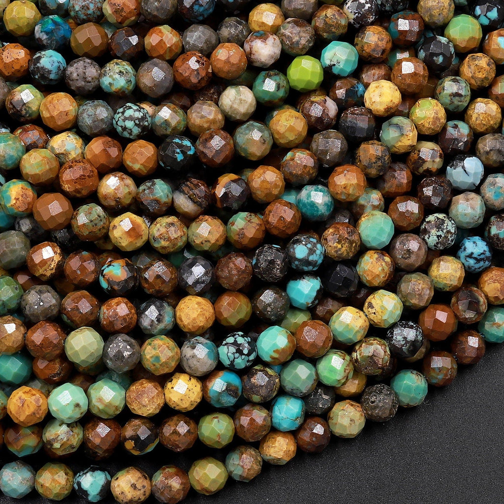 Natural Turquoise 4mm Faceted Round Beads Real Genuine Natural Brown Green Turquoise Micro Faceted Cut 15.5" Strand