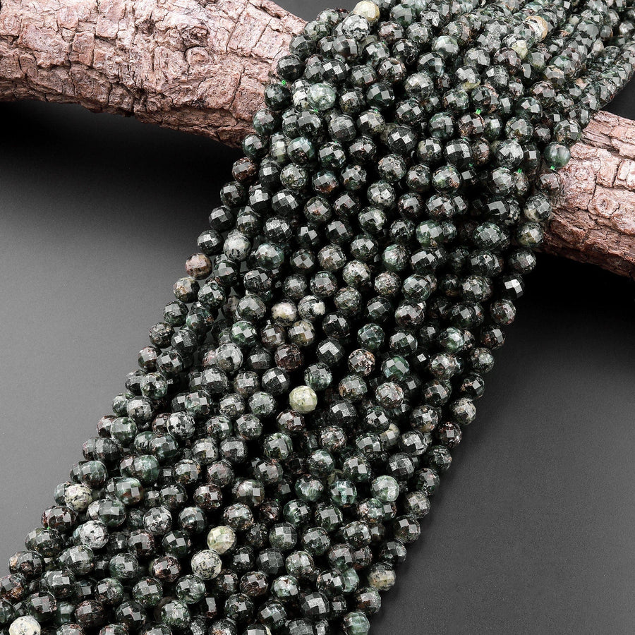 Natural Green Seraphinite Faceted Round Beads 3mm 4mm 6mm Gemstone From Russia 15.5" Strand
