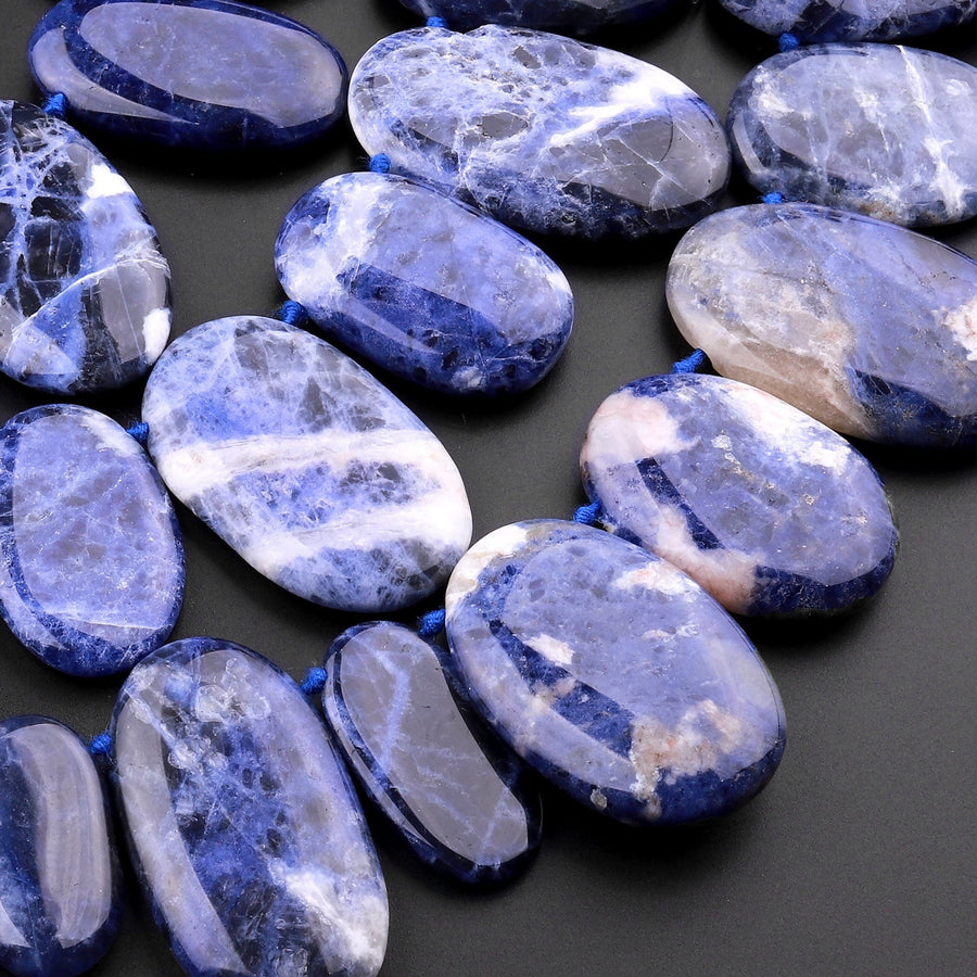 Large Natural Blue Sodalite Long Oval Focal Pendant Beads 15.5" Strand