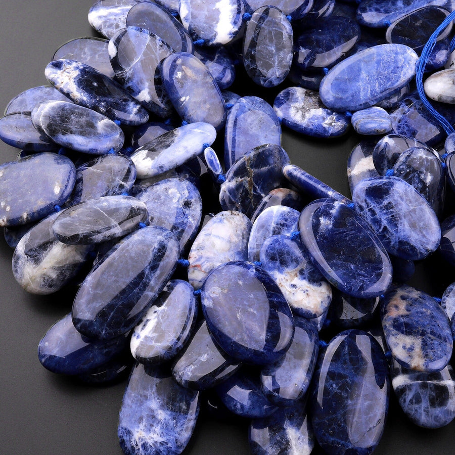 Large Natural Blue Sodalite Long Oval Focal Pendant Beads 15.5" Strand