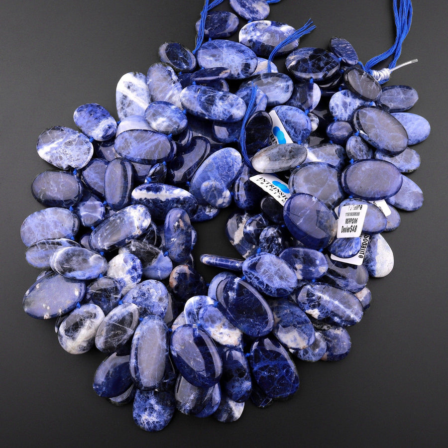 Large Natural Blue Sodalite Long Oval Focal Pendant Beads 15.5" Strand