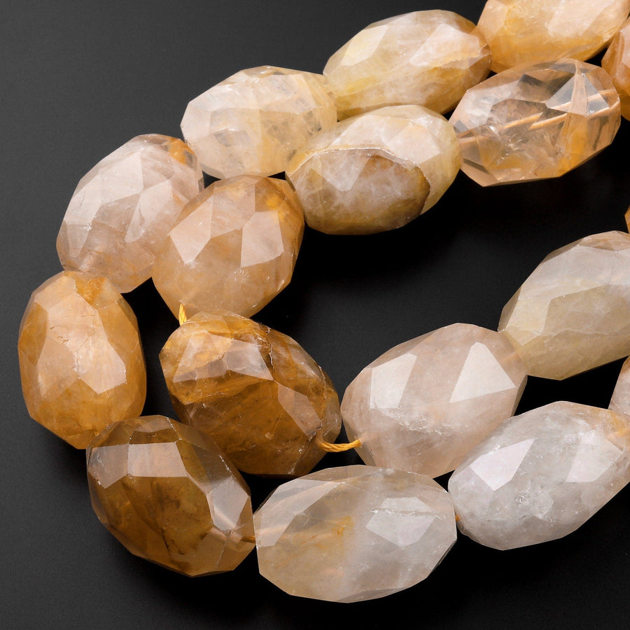 Large Faceted Natural Golden Quartz Oval Nugget Beads 15.5" Strand