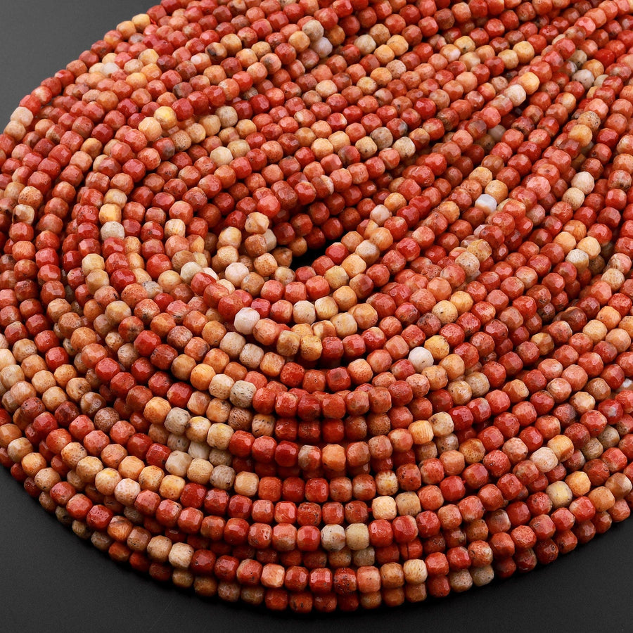 AAA Faceted Natural Golden Orange Red Fossil Coral 4mm Cube Beads Multicolor Gemstone 15.5" Strand