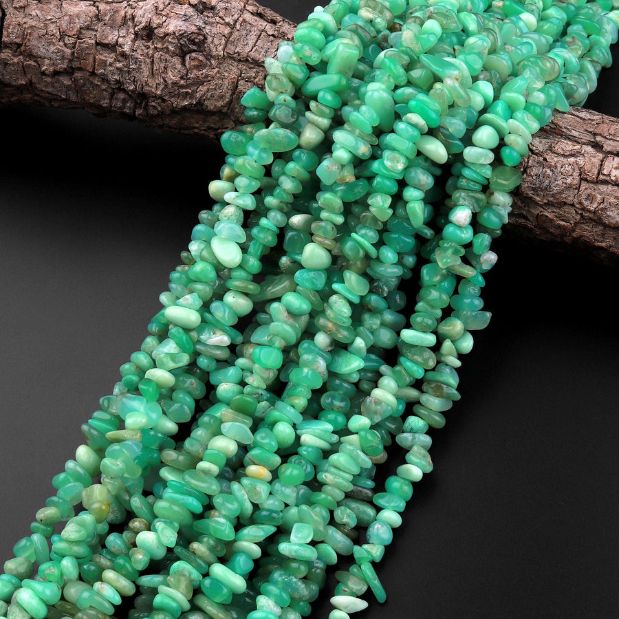 Natural Australian Green Chrysoprase Beads Freeform Pebble Chip Nuggets 15.5" Strand