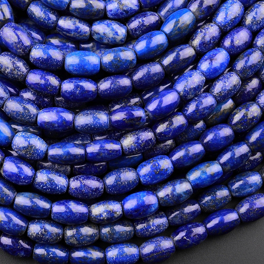 Natural Blue Lapis Drum Barrel Rice Beads With Pyrite Calcite Matrix 15.5" Strand