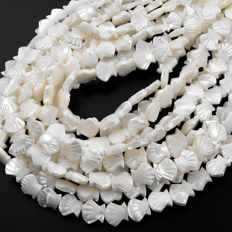 AAA Iridescent Hand Carved Natural White Mother of Pearl Sea Shell Beads 15.5" Strand