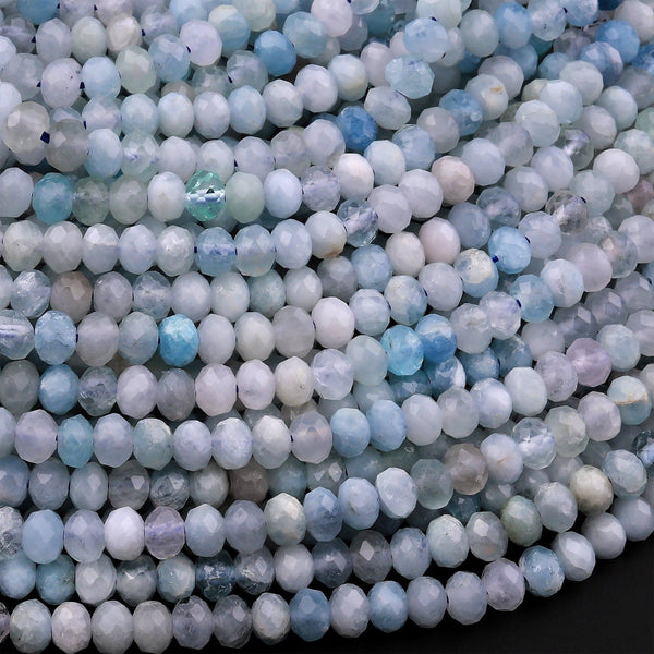 Faceted Natural Aquamarine 4mm 5mm Rondelle Beads Micro Laser Diamond Cut Real Genuine Gemstone 15.5" Strand
