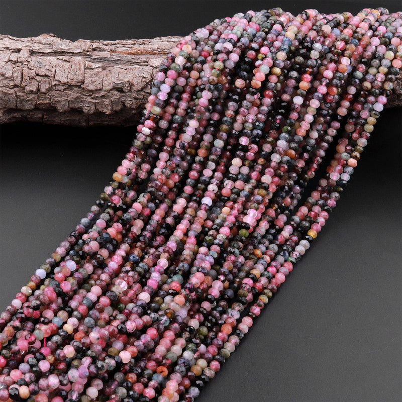 Natural Multicolor Tourmaline Micro Faceted 4mm Rondelle Beads Pink Green Gemstone 15.5" Strand