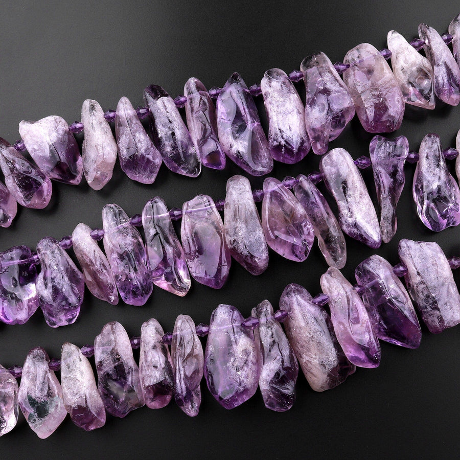 Chunky Natural Amethyst Side Drilled Freeform Teardrop Point Raw Organic Purple Crystal Gemstone Pendant 15.5" Strand