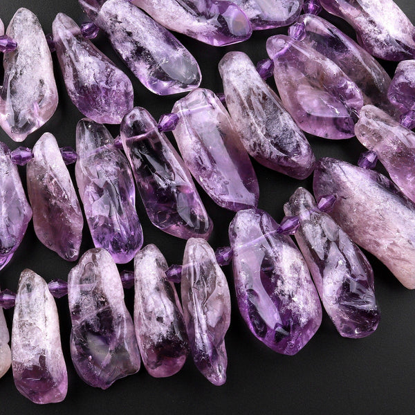 Chunky Natural Amethyst Side Drilled Freeform Teardrop Point Raw Organic Purple Crystal Gemstone Pendant 15.5" Strand