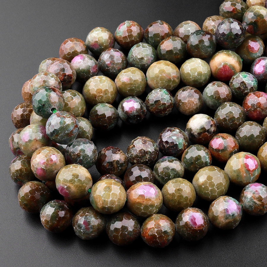 Natural Ruby Fuchsite Faceted Round 8mm 9mm Beads 15.5" Strand