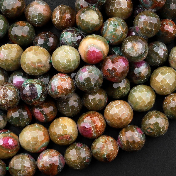 Natural Ruby Fuchsite Faceted Round 8mm 9mm Beads 15.5" Strand