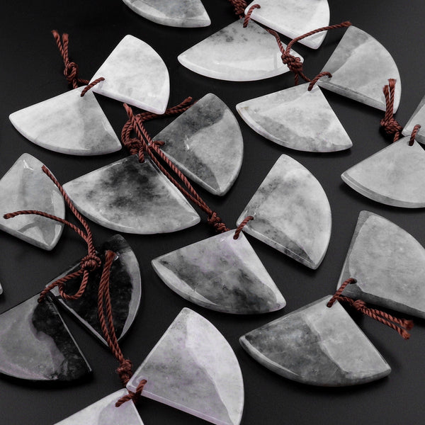 Natural Real Genuine Black Gray Burma Jade Fan Triangle Earring Pair Drilled Gemstone Matched Beads