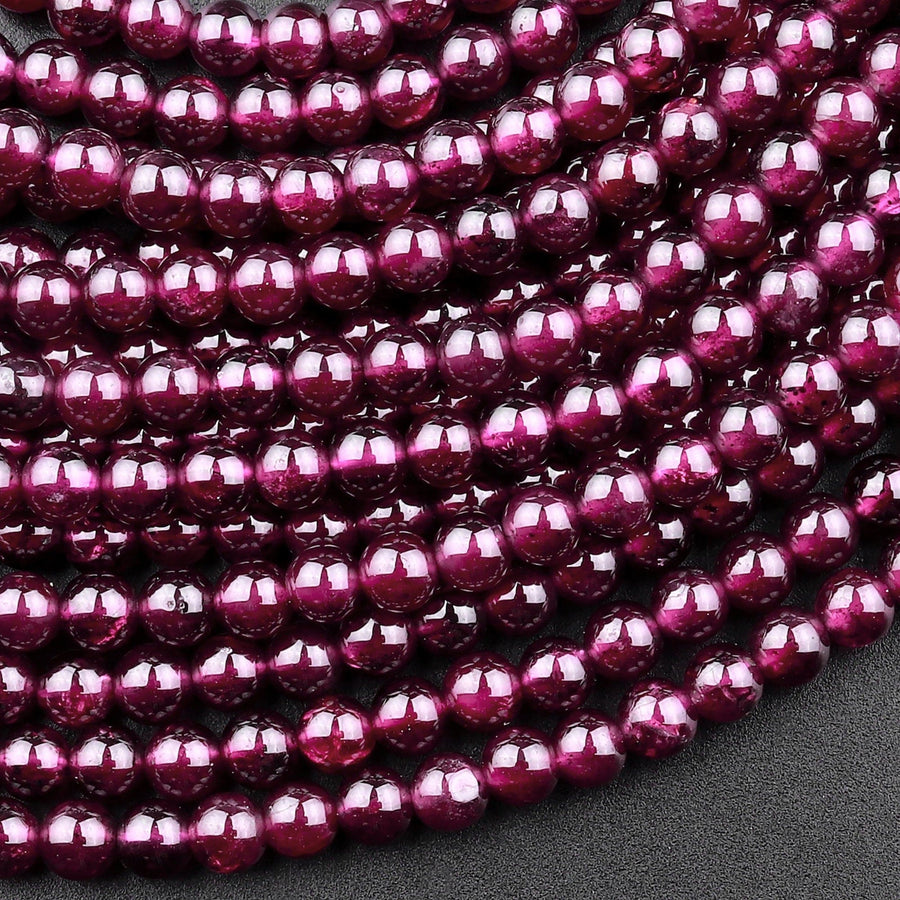 Natural Purple Garnet From Mozambique Smooth 3mm 4mm Round Gemstone Beads 15.5" Strand