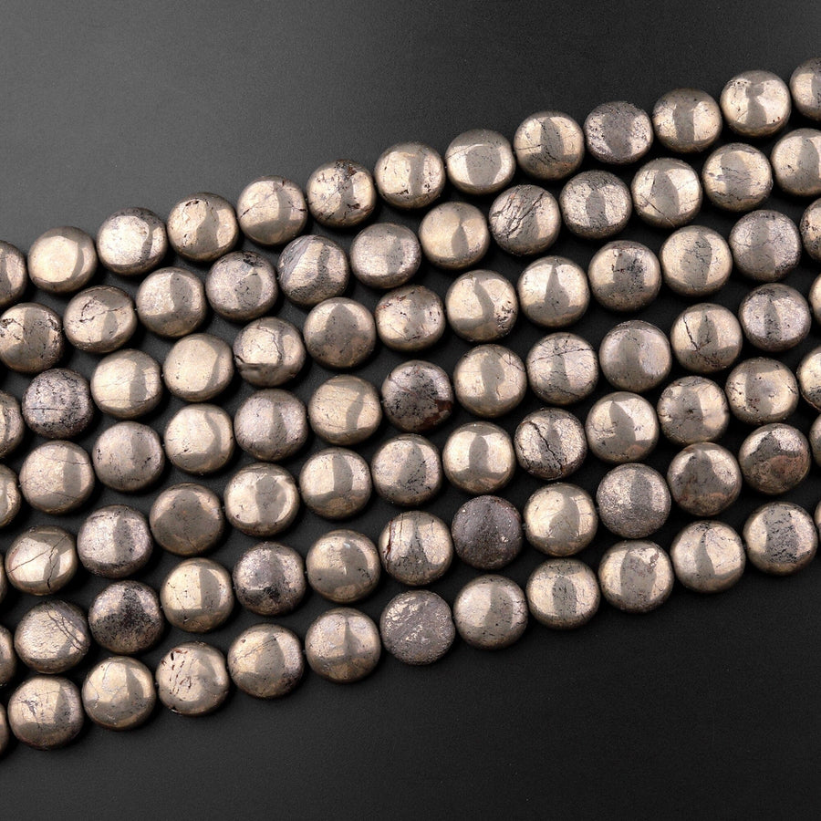 Natural Iron Pyrite Coin 10mm Beads 15.5" Strand