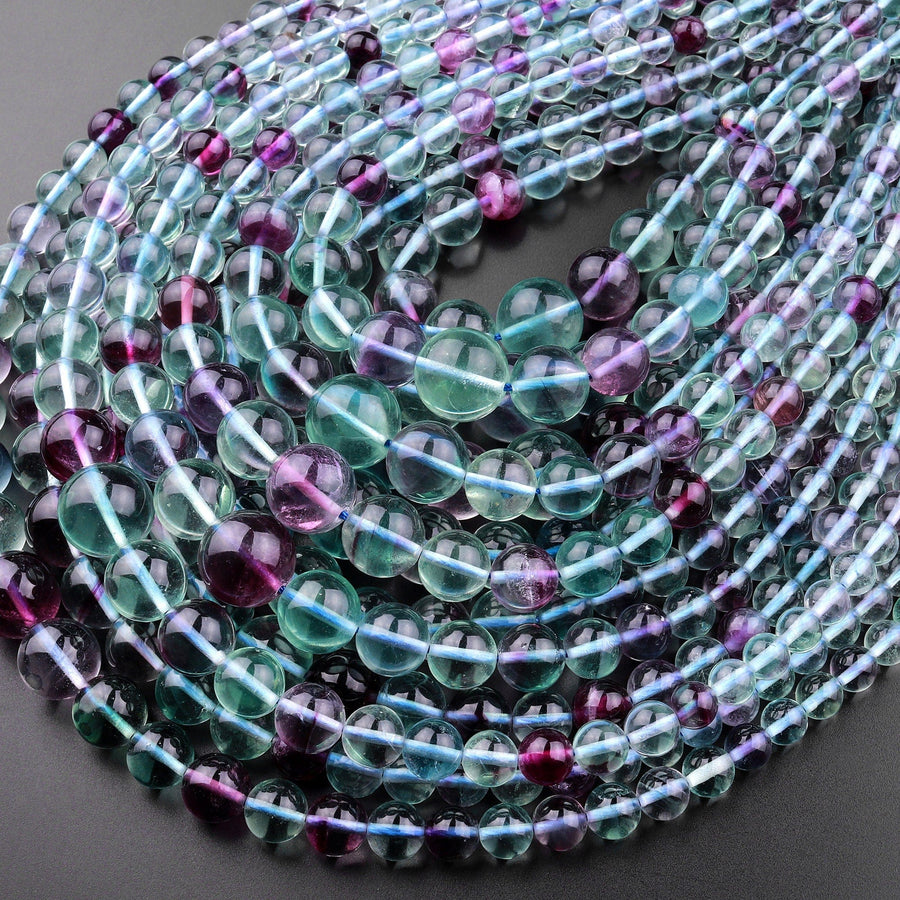 AAA Natural Fluorite Beads Graduating 6mm 8mm 10mm 12mm Smooth Round Beads Purple Green Fluorite Gemstone 15.5" Strand