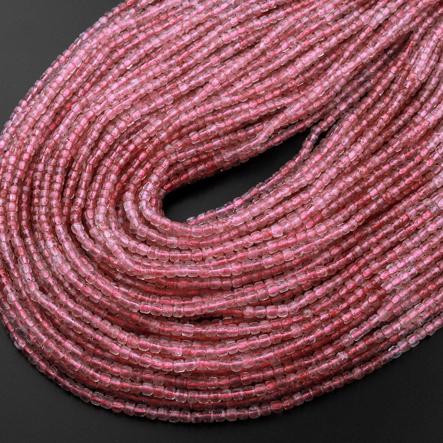 Natural Pink Red Strawberry Quartz Faceted 2mm 3mm Cube Square Dice Beads Gemstone 15.5" Strand