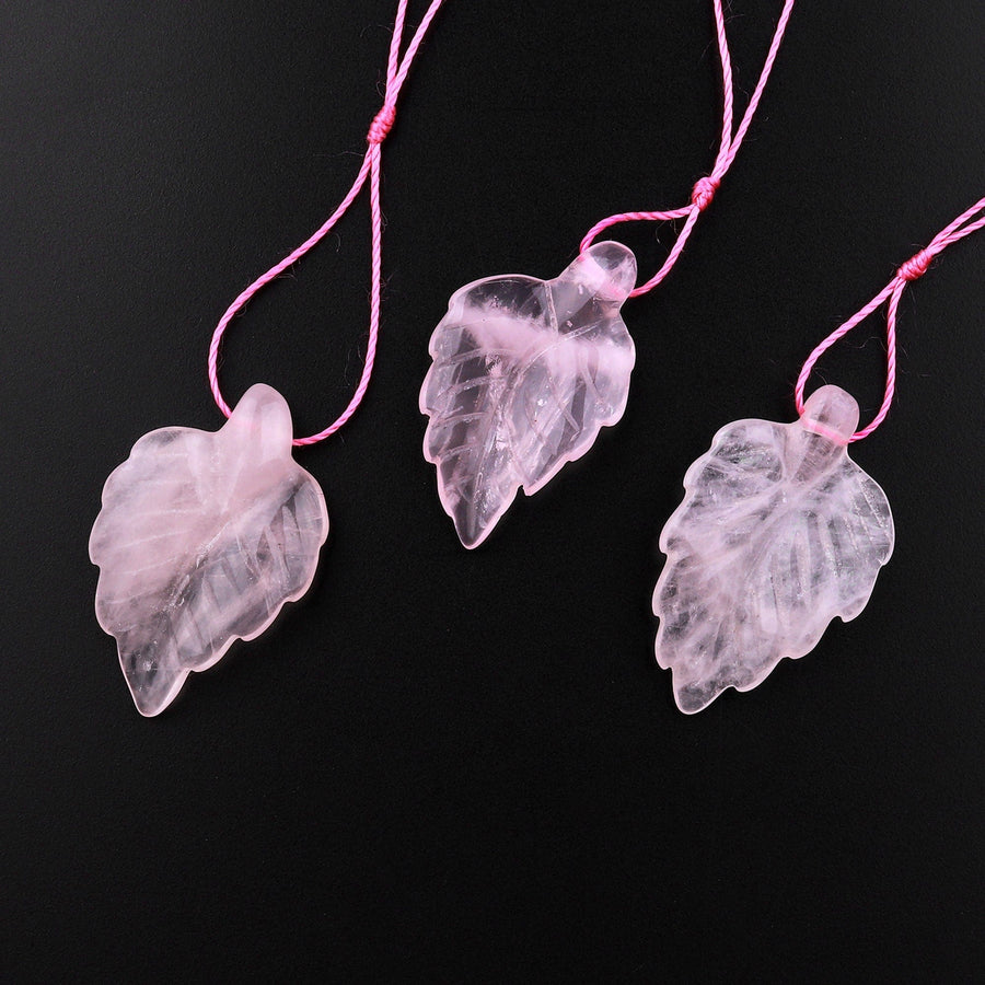 Hand Carved Natural Rose Quartz Leaf Pendant Bead Drilled Gemstone