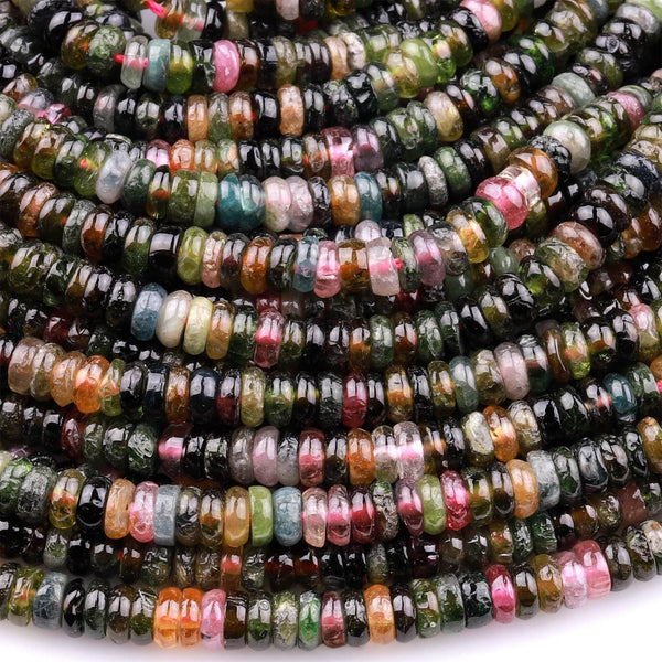 Natural Multicolor Tourmaline Heishi Rondelle Beads 5mm Pink Green Gemstone 15.5" Strand