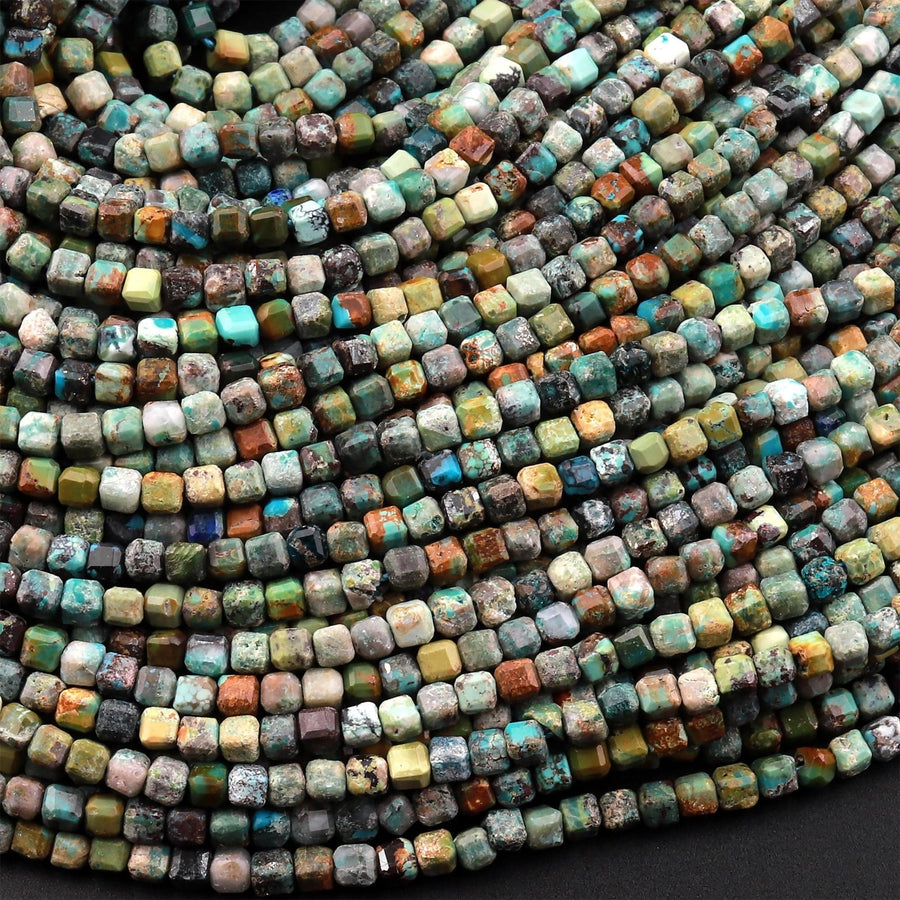 Natural Turquoise Faceted 2mm 3mm Cube Beads Real Genuine Natural Blue Green Brown Turquoise Gemstone 15.5" Strand