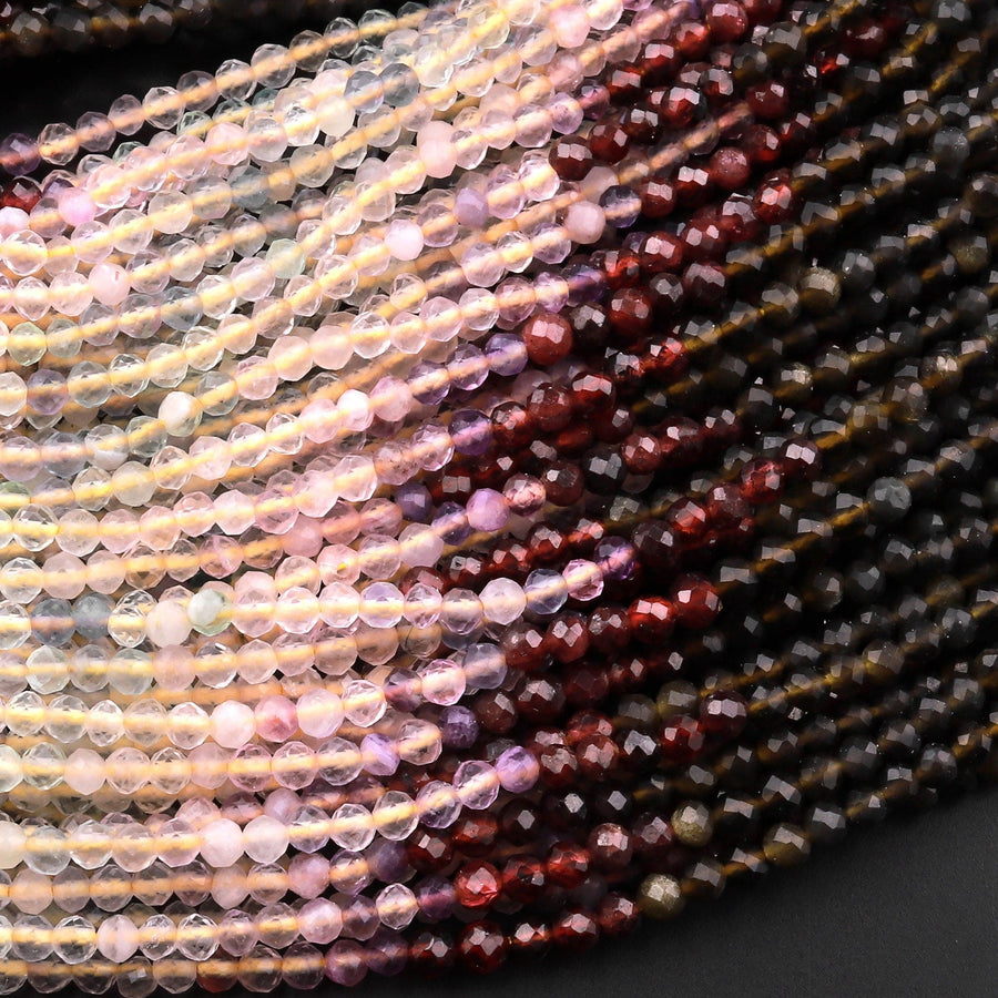 Micro Faceted Multicolor Mixed Gemstone Round Beads 3mm Red Garent Fluorite Golden Obsidian 15.5" Strand