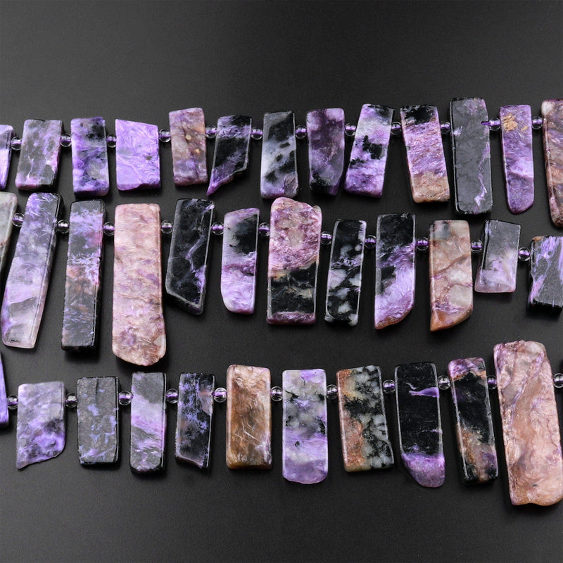 Natural Russian Purple Charoite Beads Cleopatra Style Freeform Rectangle Spikes 15.5" Strand
