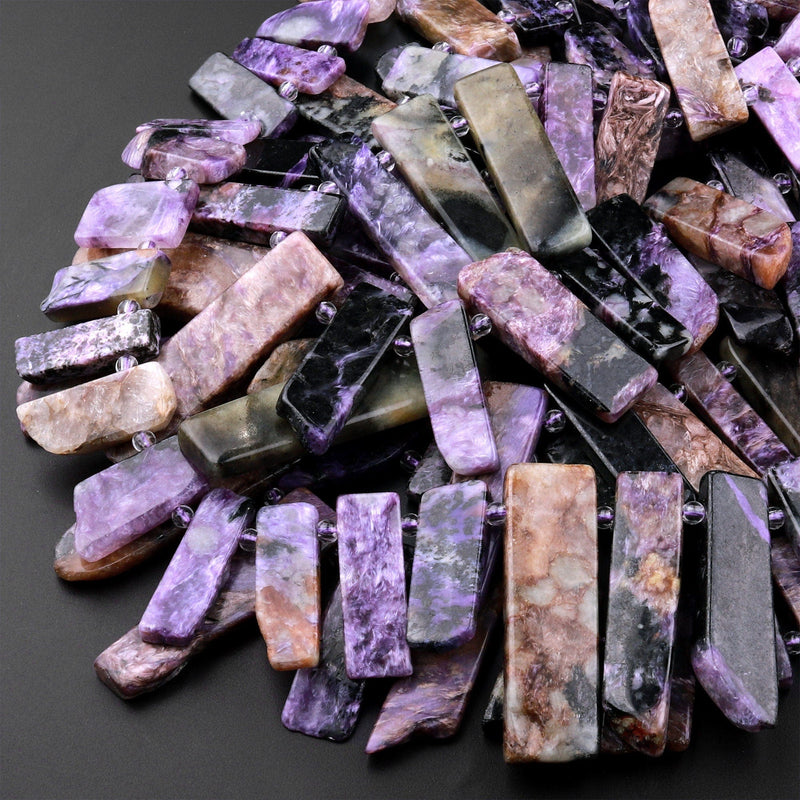 Natural Russian Purple Charoite Beads Cleopatra Style Freeform Rectangle Spikes 15.5" Strand