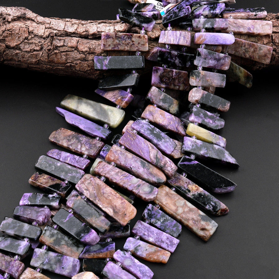 Natural Russian Purple Charoite Beads Cleopatra Style Freeform Rectangle Spikes 15.5" Strand