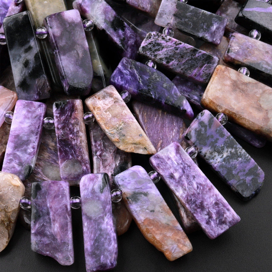 Natural Russian Purple Charoite Beads Cleopatra Style Freeform Rectangle Spikes 15.5" Strand