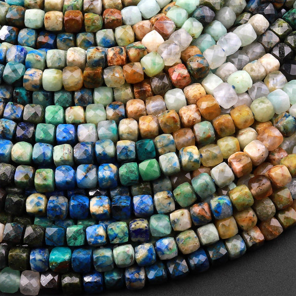 Natural Chrysocolla Azurite Faceted 4mm Cube Dice Square Beads Micro Faceted Laser Diamond Cut 15.5" Strand